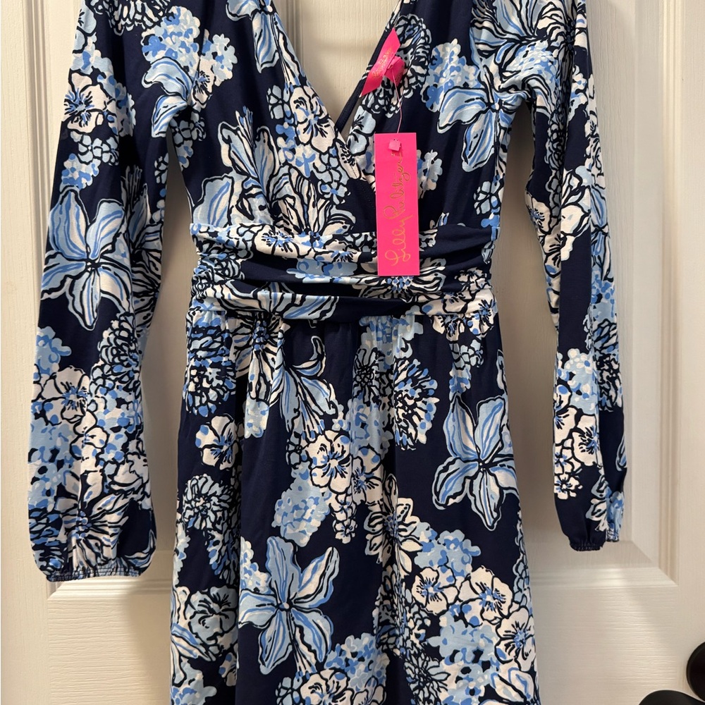 NWT: Sz XXS Lilly Pultizer Riza Long Sleeve Romper Low Tide Navy Bouquet All Day